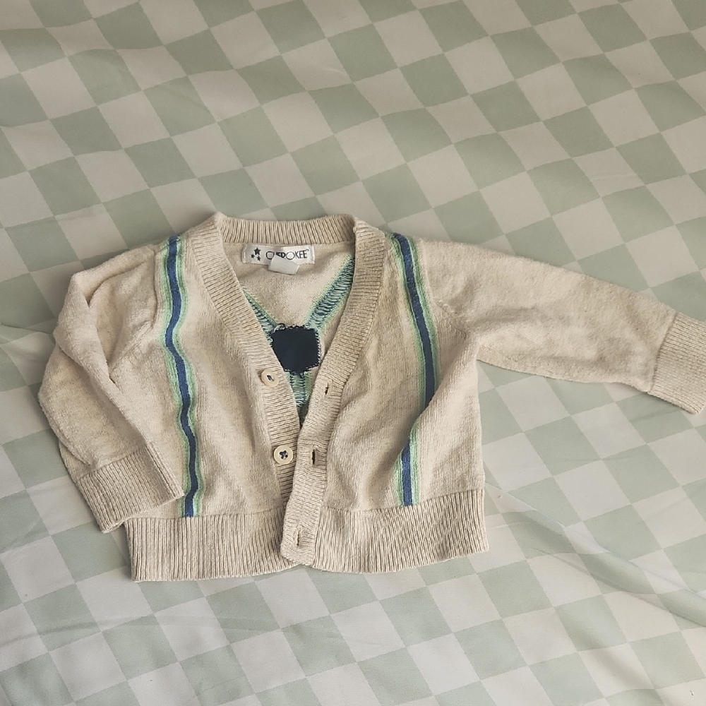 Cherokee Cream Cardigan with Blue and Green Stripe Accents